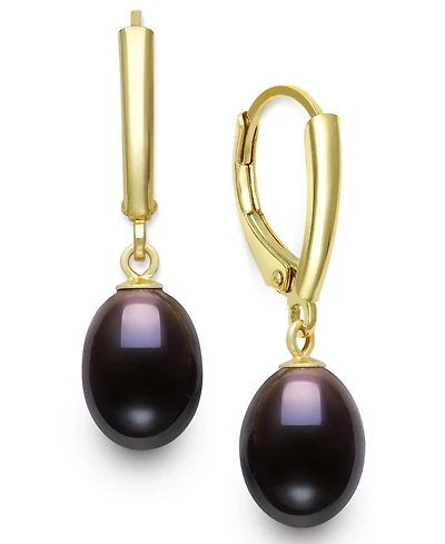 Belle de Mer Cultured Freshwater Peacock Black Drop Pearl (7-8mm) Earrings in 14k Gold over Silver