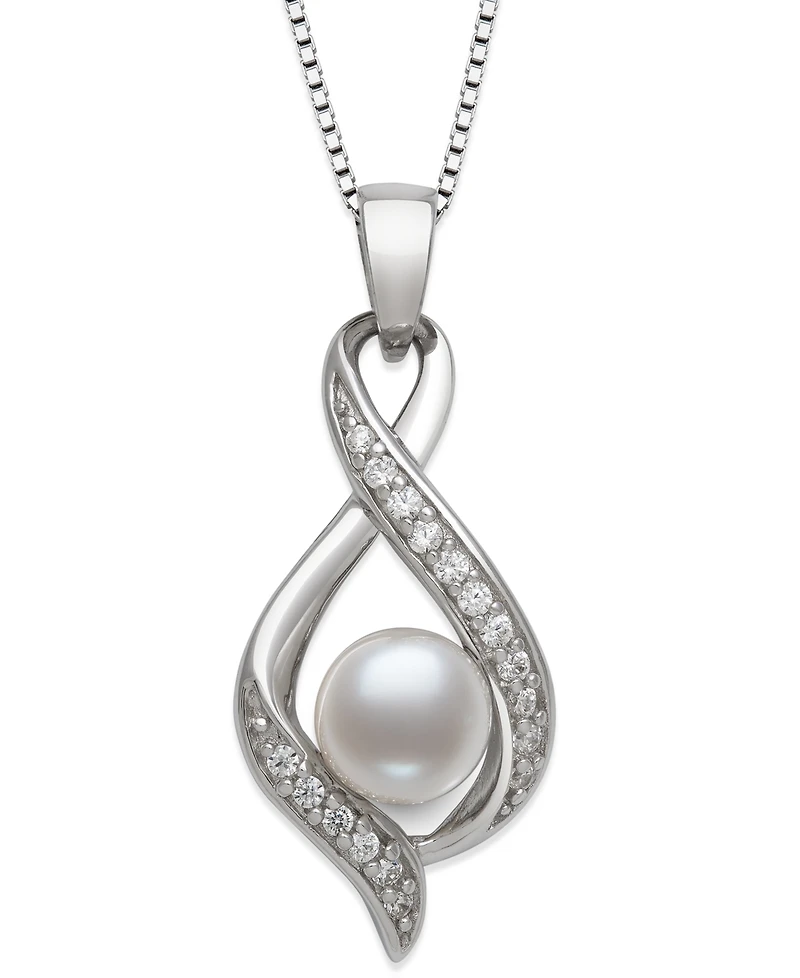 Belle de Mer Freshwater Button Pearl (6-7mm) and Lab Created Sapphire Necklace in Sterling Silver