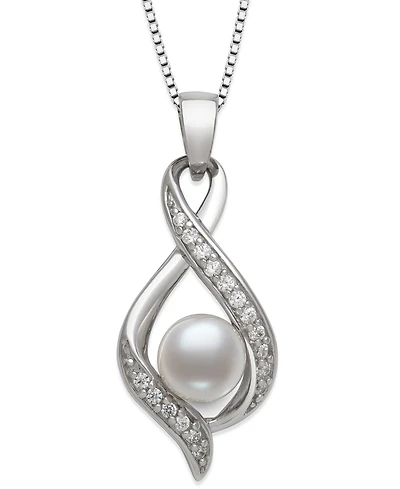 Belle de Mer Freshwater Button Pearl (6-7mm) and Lab Created Sapphire Necklace in Sterling Silver