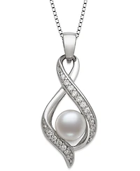Belle de Mer Freshwater Button Pearl (6-7mm) and Lab Created Sapphire Necklace in Sterling Silver