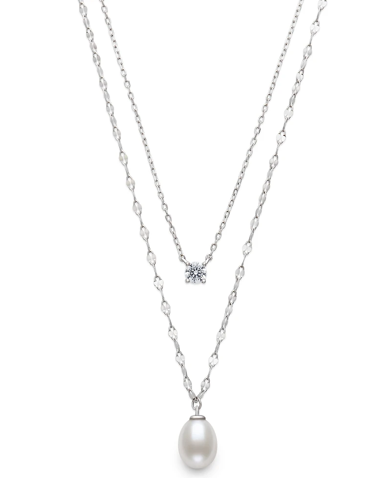 Belle de Mer Cultured Freshwater White Drop Pearl (8-9mm) and Lab Created Sapphire Necklace in Sterling Silver