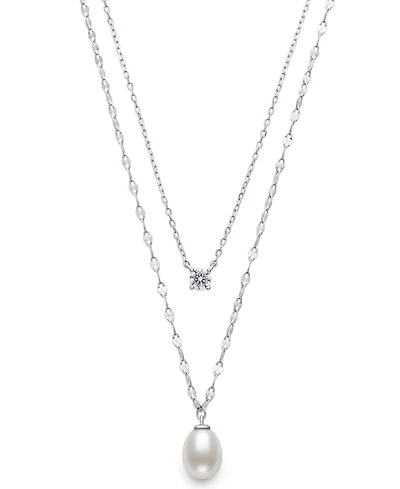 Belle de Mer Cultured Freshwater White Drop Pearl (8-9mm) and Lab Created Sapphire Necklace in Sterling Silver