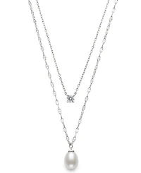 Belle de Mer Cultured Freshwater White Drop Pearl (8-9mm) and Lab Created Sapphire Necklace in Sterling Silver