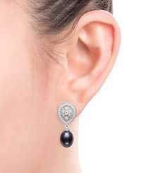 Belle de Mer Cultured Freshwater Peacock Black Pearl (8-9mm) and Lab Created Sapphire Drop Earrings in Sterling Silver