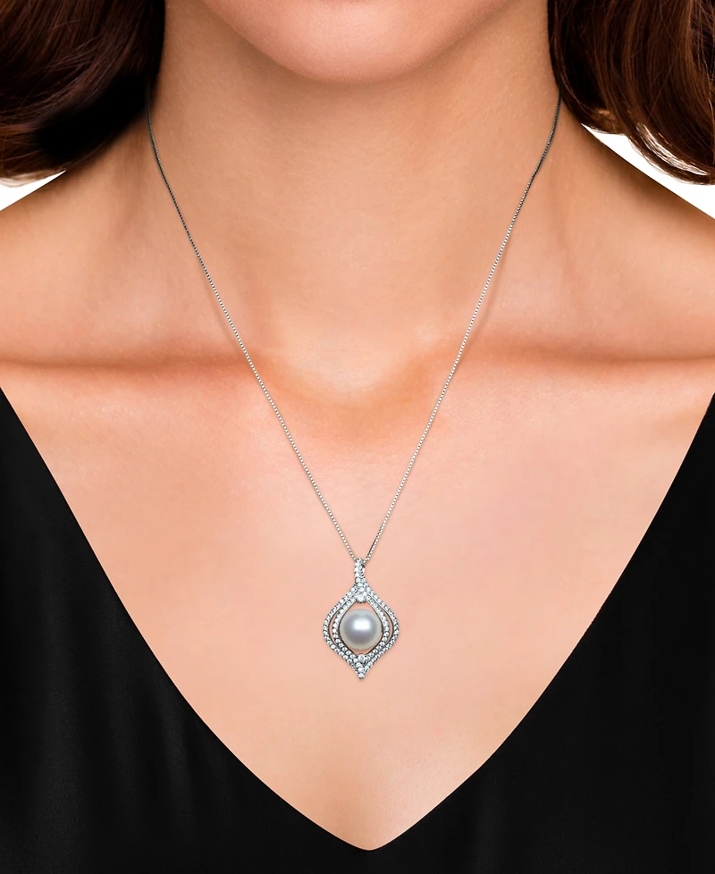 Belle de Mer Cultured Freshwater Button Pearl (9-10mm) and Lab Created Sapphire Necklace in Sterling Silver