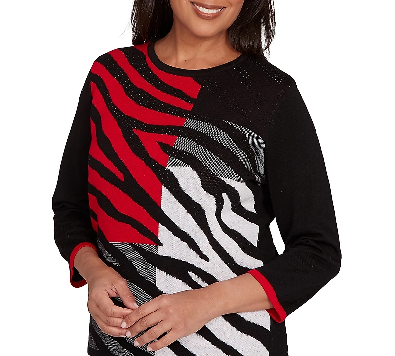 Alfred Dunner Petite Jet Setter Zebra Color Block Long Sleeve Sweater