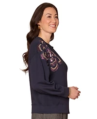 Democracy Petite Embellished Floral Crewneck Sweatshirt