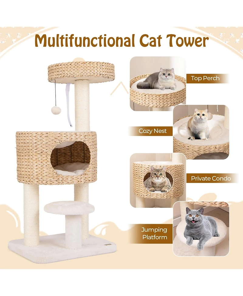 Gymax Modern Cat Tree w/Top Perch Cattail Fluff Condo Cozy Nest Sisal Scratching Posts