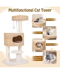 Gymax Modern Cat Tree w/Top Perch Cattail Fluff Condo Cozy Nest Sisal Scratching Posts