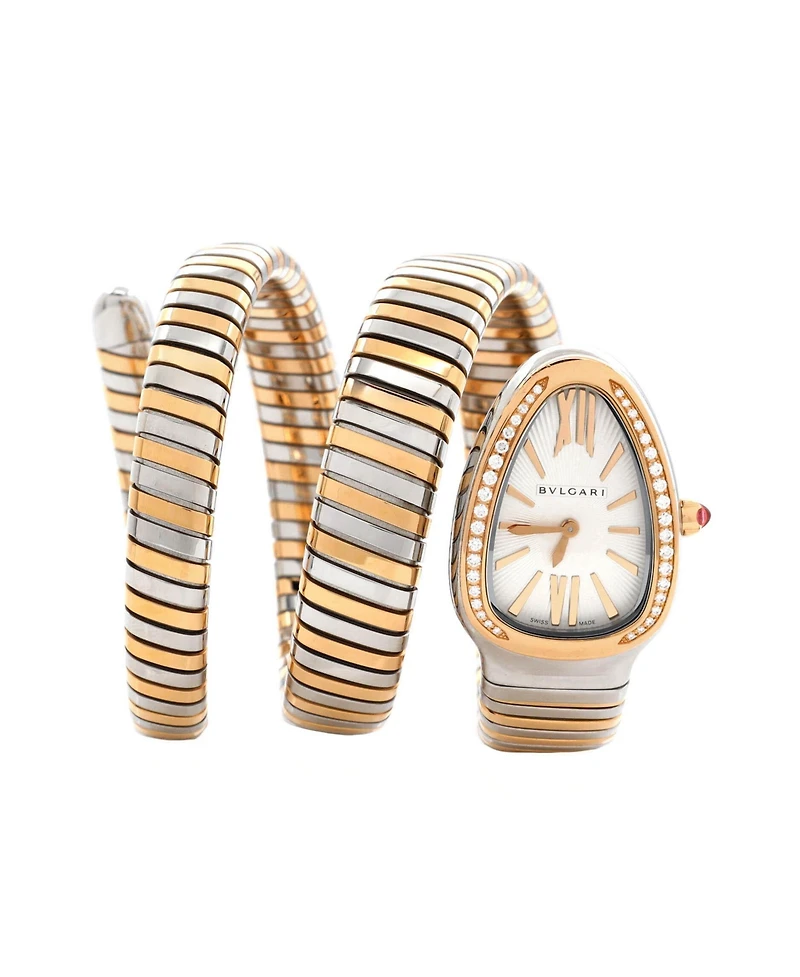 Pre-Owned Bvlgari Serpenti Tubogas Double Spiral Quartz Watch in Stainless Steel and Rose Gold with Diamond Bezel 23mm