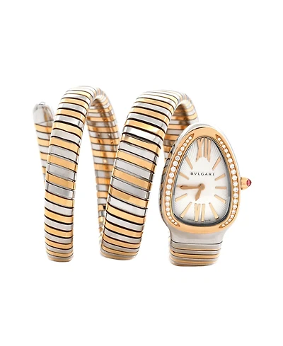 Pre-Owned Bvlgari Serpenti Tubogas Double Spiral Quartz Watch in Stainless Steel and Rose Gold with Diamond Bezel 23mm