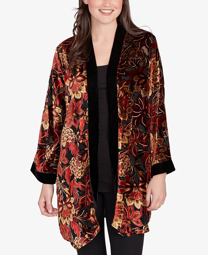 Ruby Rd. Petite Printed Velvet Burnout Open Cardigan Sweater