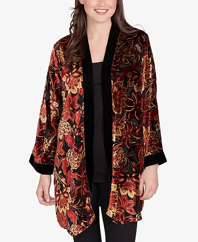 Ruby Rd. Petite Printed Velvet Burnout Open Cardigan Sweater