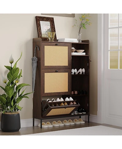 3 Tier Shoe Cabinet with Natural Rattan Flip Drawers for Entryway, Free Standing Shoe Storage Organizer with Adjustable Shelves,Dark Cherry