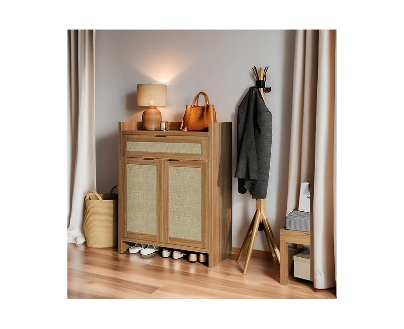Boho Shoe Cabinet, 32 Inch Rattan Shoe Organizer with Doors and Drawer, Coffee Bar Cabinet with Adjustable Shelf, Wooden Accent Console Table,Brown