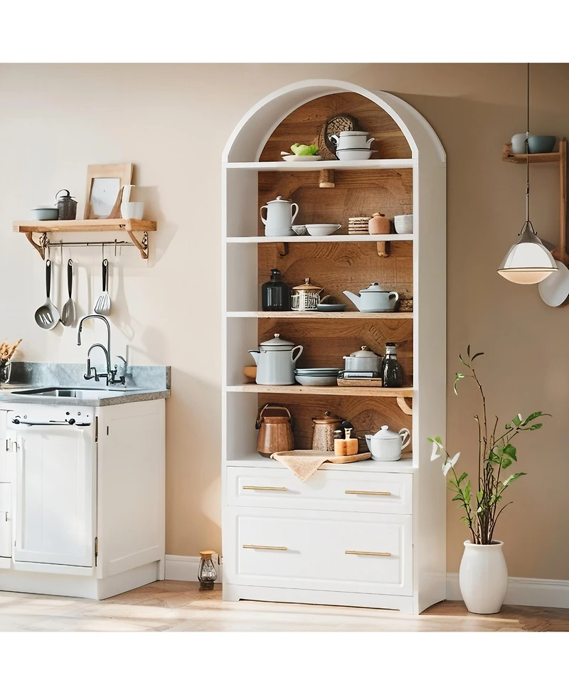 Tribesigns 76.8" Tall Arched Kitchen Pantry, 5-Tier Pantry Cabinet with Storage Drawer, Freestanding Wooden Pantry Organizer