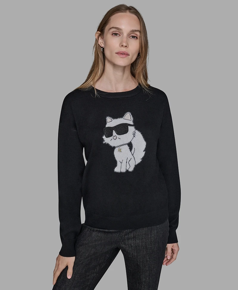 Karl Lagerfeld Paris Petite Choupette with Sunglasses Printed Long Sleeves Sweater