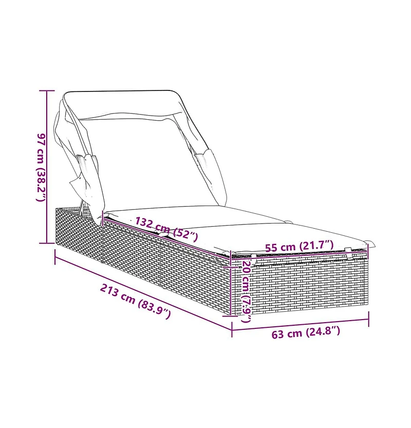 Sunbed Grey Pe Rattan, Powder-Coated Steel 83.1 x 25.6 in