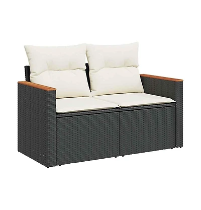 Garden Sofa Black Pe rattan, powder-coated steel, solid acacia wood