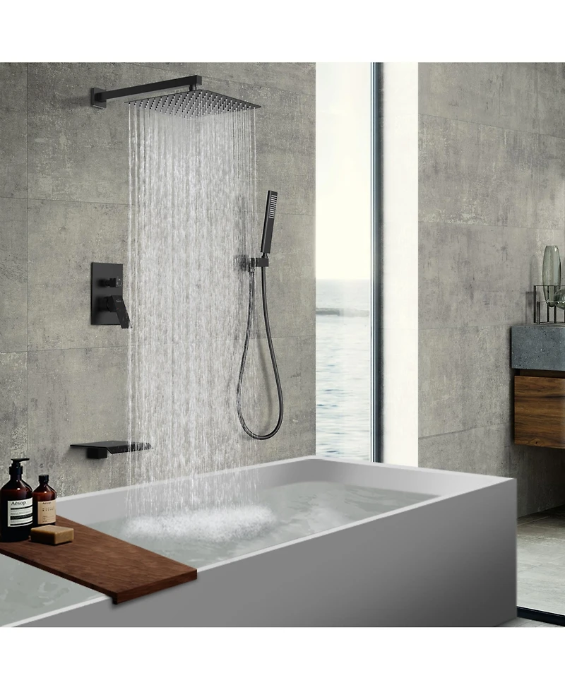 Rainsken Male Npt Black Shower System, 12 Inch Shower Fixtures Rain Shower Head with Handheld Shower Spray, Wall Mount Shower Faucet Set for Bathroom