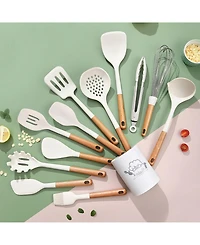 Sugift 13-Piece Silicone Kitchen Utensils with Wooden Handles Set