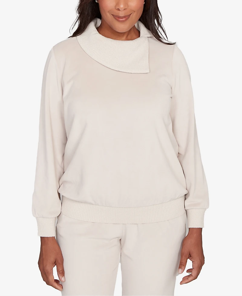 Alfred Dunner Petite Calm Luxe Solid Shimmer Detail Envelope Neck Top