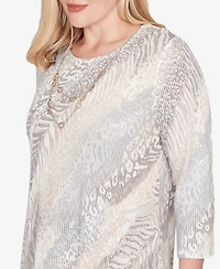 Alfred Dunner Petite Vienna Diagonal Animal Print Top with Necklace
