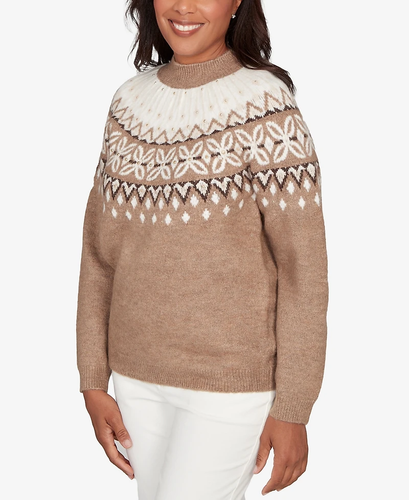 Alfred Dunner Petite Vienna Fair Isle Gold Studded Sweater