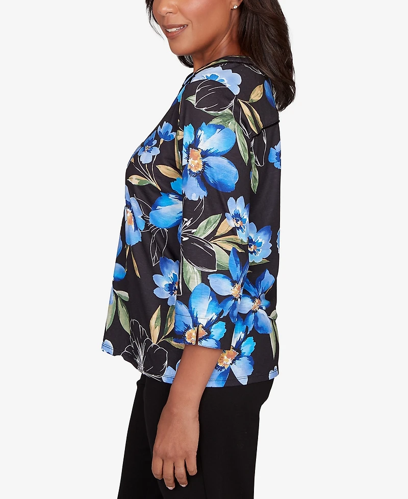 Alfred Dunner Petite Barcelona Watercolor Floral Velvet Trim Top
