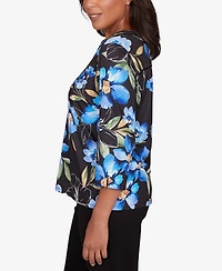 Alfred Dunner Petite Barcelona Watercolor Floral Velvet Trim Top