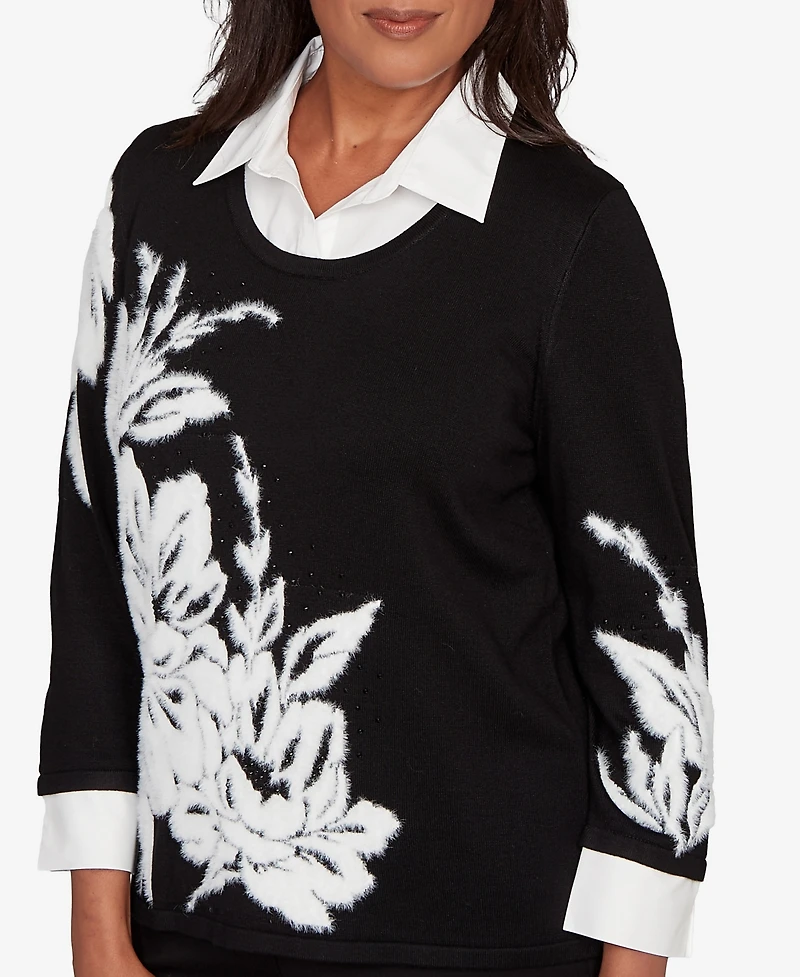 Alfred Dunner Petite Barcelona Dramatic Floral Two One Sweater