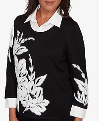 Alfred Dunner Petite Barcelona Dramatic Floral Two One Sweater