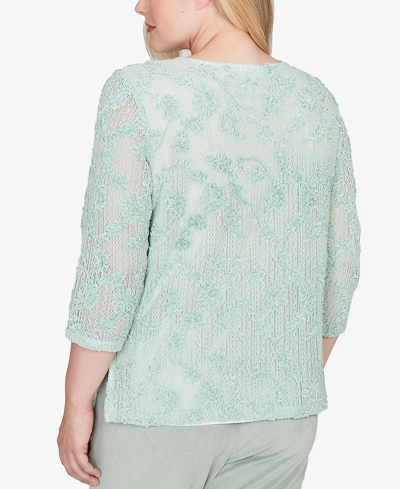 Alfred Dunner Petite Stockbridge Floral Velvet Soutache Mesh Top with Necklace