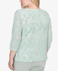 Alfred Dunner Petite Stockbridge Floral Velvet Soutache Mesh Top with Necklace