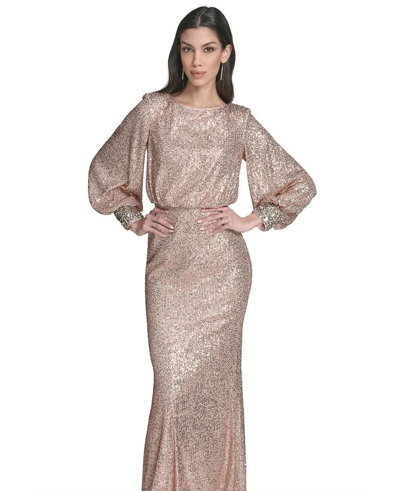 Eliza J Women's Embroidered Cuff Boat Neck Long Gown