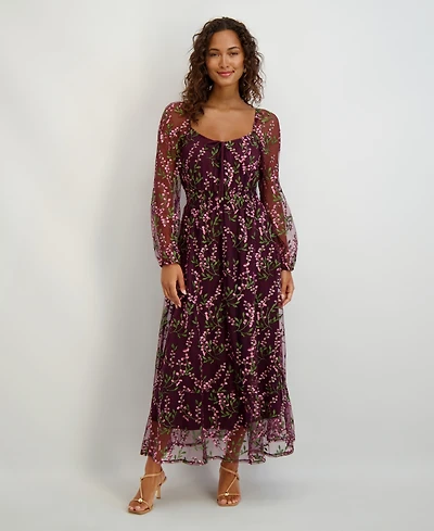 kensie Women's Sweetheart Neck Long Sleeve Embroidered Dress