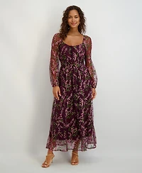 kensie Women's Sweetheart Neck Long Sleeve Embroidered Dress