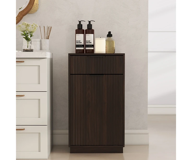 Chic Crate 10 Gal Tilt Out Trash Can Cabinet Woodgrain Wave Textured Pull Out Bin, Walnut Finish Kitchen Organizer