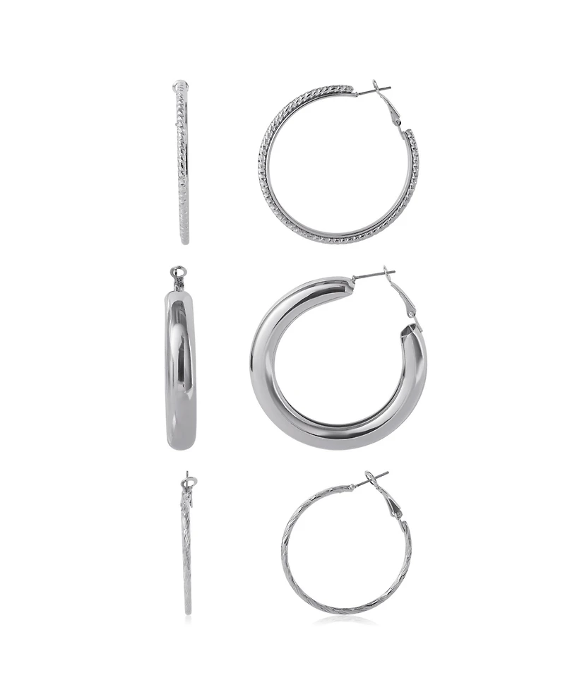 Jessica Simpson 3-Piece Textured Silver-Tone Hoop Earring Set