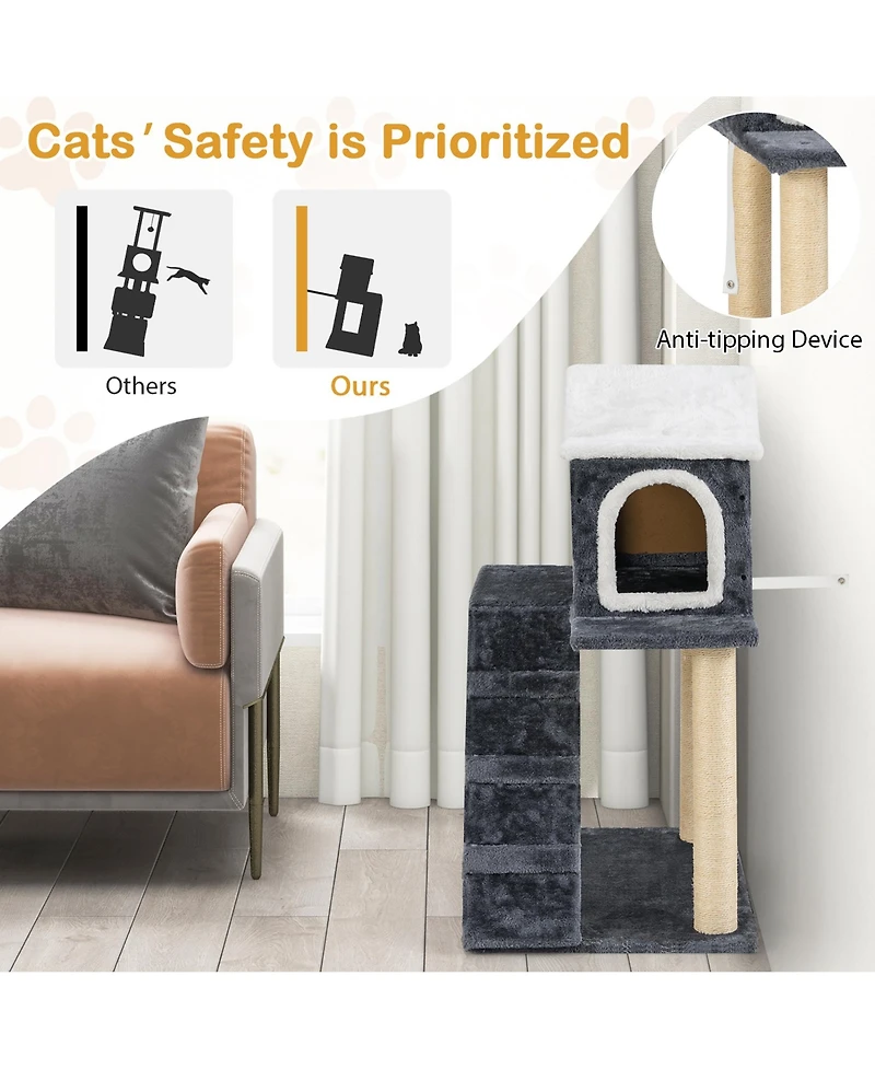 Gymax 35'' Modern Cat Tree 3-level Cat Condo Furniture w/ Openable Roof Sisal Scratching Posts