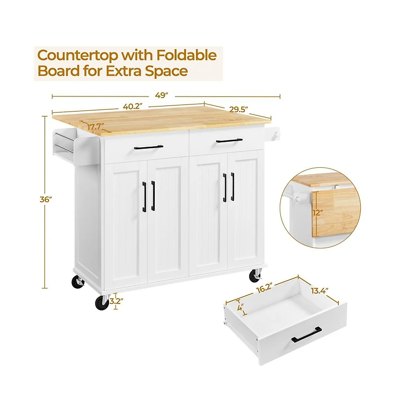 36” H Kitchen Island on Wheels with Solid Wood Tabletop White