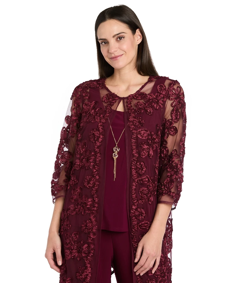 R & M Richards Women's Soutache Long Jacket, Necklace Top Pants Set