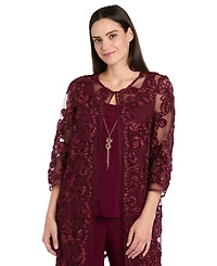 R & M Richards Women's Soutache Long Jacket, Necklace Top Pants Set
