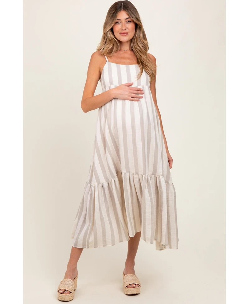 Pinkblush Beige Wide Stripe Linen Blend Sleeveless Maternity Maxi Dress