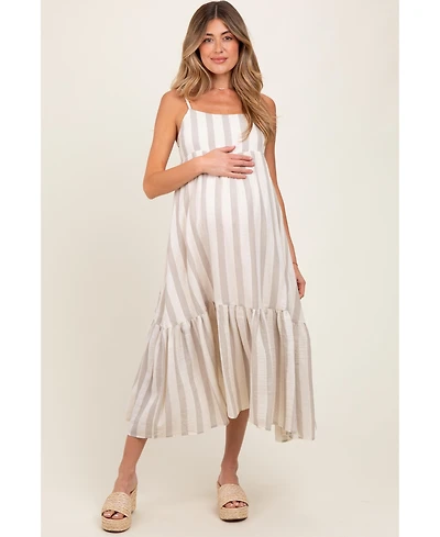 Pinkblush Beige Wide Stripe Linen Blend Sleeveless Maternity Maxi Dress