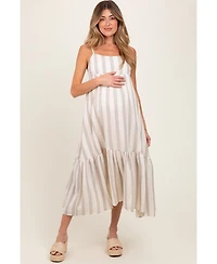 Pinkblush Beige Wide Stripe Linen Blend Sleeveless Maternity Maxi Dress