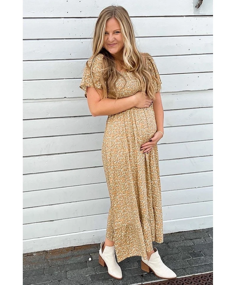 Pinkblush Maternity Mustard Floral Smocked Maxi Dress