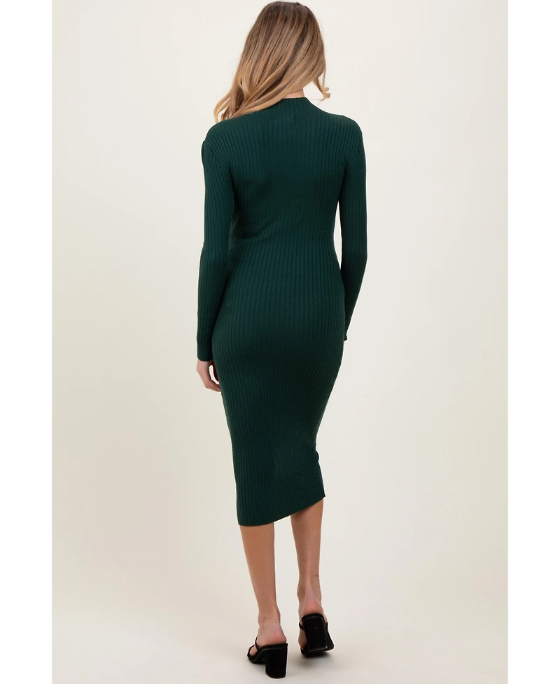 Pinkblush Maternity Forest Green Ribbed Knit Mock Neck Long Sleeve Midi Dress