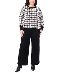 Vince Camuto Plus Houndstooth Long Sleeve Crewneck Sweater