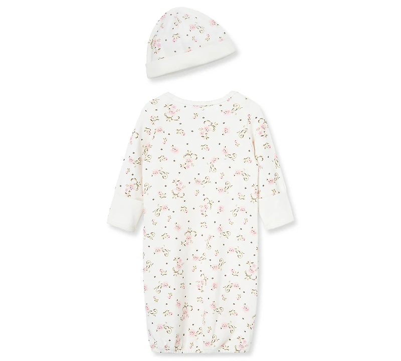 Little Me Baby Girls Vintage Rose Print Gown and Beanie, 2 Piece Set
